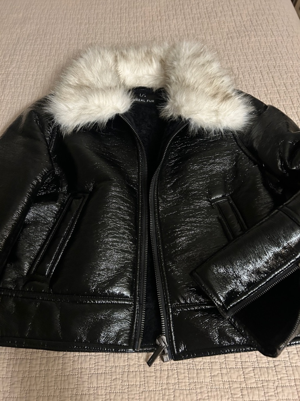 Unreal Fur Black Bomber Jacket with White Faux Fur Collar